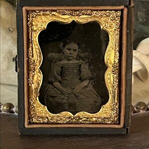 Antique Framed Portrait Girl with Detailed Gold Accents 3x 2 1/4